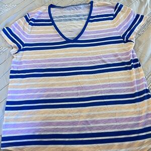LOFT V-Neck Blue and Purple Striped Short Sleeve Tee
